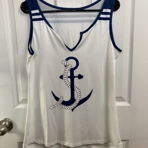 White Women's Tank Top Anchor Sailor Print Sz. L‎ Poly/Spandex